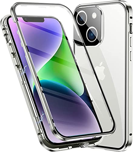 Esteller Hülle für iPhone 14 Plus Magnetische Handyhülle,360 Grad KomplettSchutz Case [Mit Kamera Linse Schutz] Metallrahmen + Vorne und hinten Gehärtetes Glas Schutzhülle,Silber von Esteller