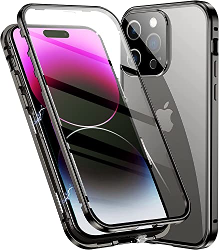 Esteller Hülle für iPhone 14 Pro Max Magnetische Handyhülle,360 Grad KomplettSchutz Case [Mit Kamera Linse Schutz] Metallrahmen + Vorne und hinten Gehärtetes Glas Schutzhülle,Schwarz von Esteller