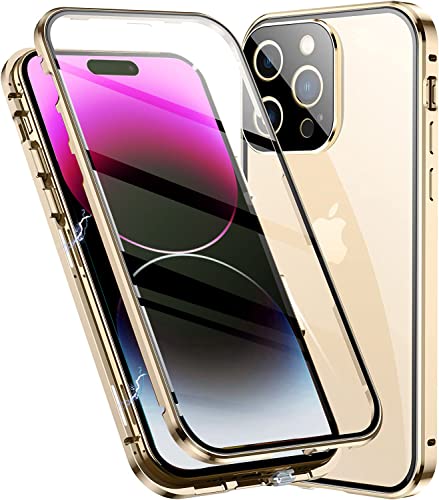 Esteller Hülle für iPhone 14 Pro Pro Magnetische Handyhülle,360 Grad KomplettSchutz Case [Mit Kamera Linse Schutz] Metallrahmen + Vorne und hinten Gehärtetes Glas Schutzhülle,Golden von Esteller