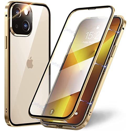 Esteller Kompatibel Hülle iPhone 13 Magnetische Adsorption Handyhülle [mit Kamera Schutzfolie] 360 Grad Schutz Doppelte Seiten Transparent Gehärtetes Glas Handyhülle für iPhone 13, Golden von Esteller