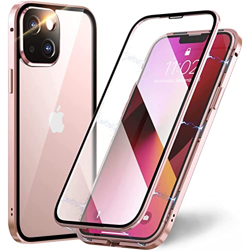 Esteller Kompatibel Hülle iPhone 13 Magnetische Adsorption Handyhülle [mit Kamera Schutzfolie] 360 Grad Schutz Doppelte Seiten Transparent Gehärtetes Glas Handyhülle für iPhone 13, Rosa von Esteller