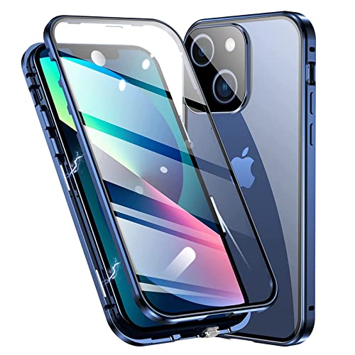 Esteller Kompatibel Hülle iPhone 13 Mini Magnetische Adsorption Handyhülle [mit Kamera Schutzfolie] 360 Grad Schutz Doppelte Seiten Transparent Gehärtetes Glas Handyhülle für iPhone 13 Mini, Blau von Esteller