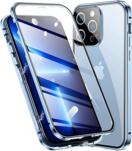 Esteller Kompatibel Hülle iPhone 13 Pro Magnetische Adsorption Handyhülle [mit Kamera Schutzfolie] 360 Grad Schutz Doppelte Seiten Transparent Gehärtetes Glas Handyhülle für iPhone 13 Pro, Blau von Esteller