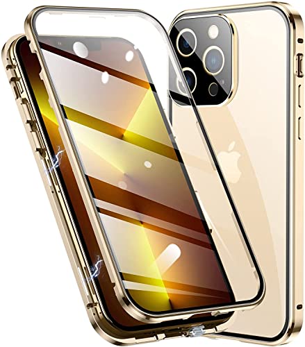 Esteller Kompatibel Hülle iPhone 13 Pro Magnetische Adsorption Handyhülle [mit Kamera Schutzfolie] 360 Grad Schutz Doppelte Seiten Transparent Gehärtetes Glas Handyhülle für iPhone 13 Pro, Golden von Esteller
