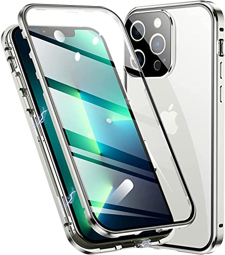 Esteller Kompatibel Hülle iPhone 13 Pro Magnetische Adsorption Handyhülle [mit Kamera Schutzfolie] 360 Grad Schutz Doppelte Seiten Transparent Gehärtetes Glas Handyhülle für iPhone 13 Pro, Weiß von Esteller