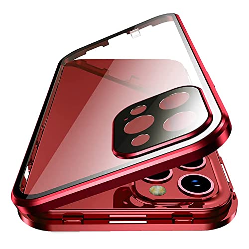 Esteller Kompatibel Hülle iPhone 13 Pro Max Magnetische Adsorption Handyhülle [mit Kamera Schutzfolie] 360 Grad Schutz Doppelte Seiten Transparent Gehärtetes Glas Handyhülle für 13 Pro Max, Rot von Esteller