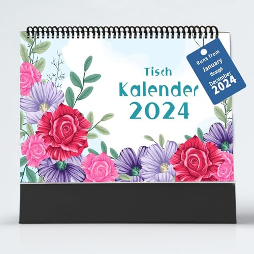 Tischkalender 2024 im Querformat 17,5 x 16 CM/ 6,88 x 6,29 Inches Tischkalender mit Monatsansicht, Feiertagen und Liste (Flower-B701) von Esteopt