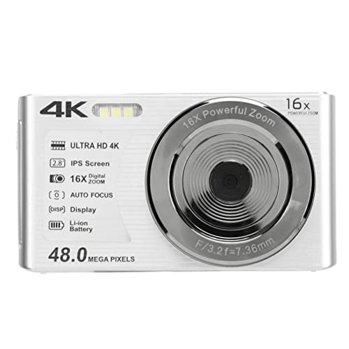 4k-Digitalkamera, Tragbare Kompaktkamera, 2,8-Zoll-Bildschirm, 16-facher Digitalzoom, 48 Megapixel, 4k-Videoauflösung, Integrierter Aufhellblitz, Geeignet für Anfänger und Teenager (Silber) von Estink