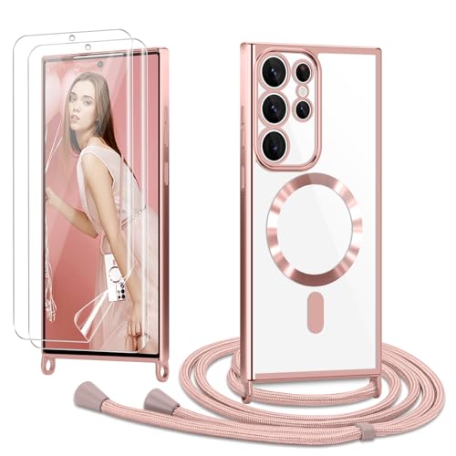 Ethanger Handykette für Samsung Galaxy S23 Ultra 5G Hülle mit Band + 2 Stück Schutzfolie Transparent Silikon Handyhülle Magnetische Schutzhülle zum Umhängen Kordel für Samsung S23 Ultra Rosa von Ethanger