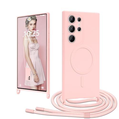 Ethanger Handykette für Samsung Galaxy S23 Ultra Hülle mit Band [Kompatibel mit Magsafe] Flüssig Silikon Necklace Handyhülle Magnetische Schutzhülle zum Umhängen Kordel für Samsung S23 Ultra Rosa von Ethanger