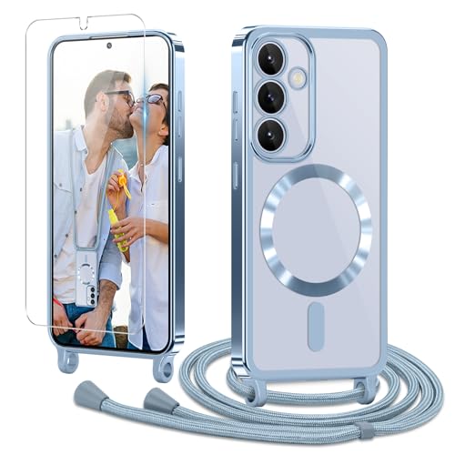 Ethanger Handykette für Samsung Galaxy S24 5G Hülle mit Band + 1 Stück Glas Schutzfolie Transparent Silikon Handyhülle Magnetische Schutzhülle Case zum Umhängen Kordel für Samsung S24 Blau von Ethanger