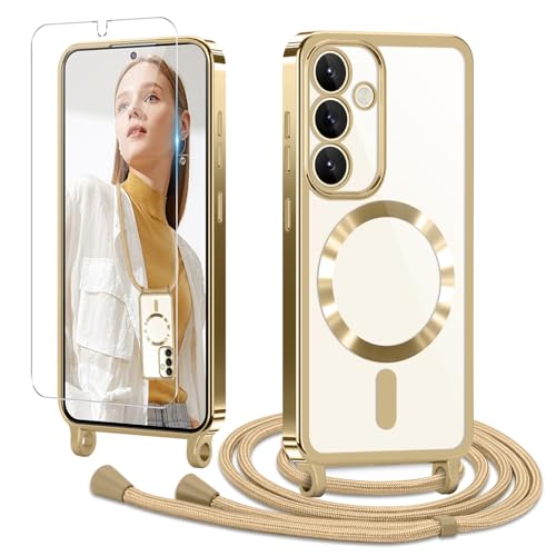 Ethanger Handykette für Samsung Galaxy S24 5G Hülle mit Band + 1 Stück Glas Schutzfolie Transparent Silikon Handyhülle Magnetische Schutzhülle Case zum Umhängen Kordel für Samsung S24 Gold von Ethanger