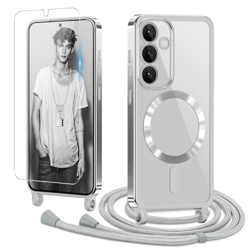 Ethanger Handykette für Samsung Galaxy S24 5G Hülle mit Band + 1 Stück Glas Schutzfolie Transparent Silikon Handyhülle Magnetische Schutzhülle Case zum Umhängen Kordel für Samsung S24 Silber Ethanger Handykette für Samsung Galaxy S24 5G Hülle mit Band + 1 Stück Glas Schutzfolie Transparent Silikon Handyhülle Magnetische Schutzhülle Case zum Umhängen Kordel für Samsung S24 Silber von Ethanger