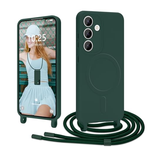 Ethanger Handykette für Samsung Galaxy S24 Hülle mit Band [Kompatibel mit Magsafe] Flüssig Silikon Necklace Handyhülle Magnetische Schutzhülle zum Umhängen Kordel für Samsung S24 Grün von Ethanger