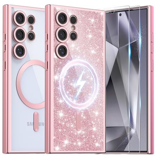 Ethanger Handykette für Samsung Galaxy S24 Ultra 5G Hülle mit 2 Stück Panzerfolie [Kompatibel mit Magsafe][Glitzer Karte&Handschlaufe]Transparent Matt Case Handyhülle für Samsung S24 Ultra Titan Rosa von Ethanger