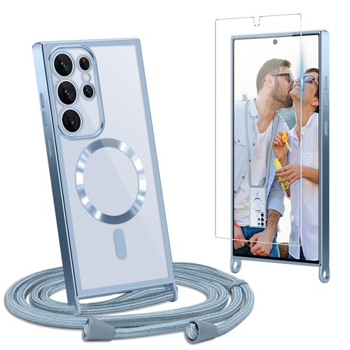 Ethanger Handykette für Samsung Galaxy S24 Ultra 5G Hülle mit Band + 1 Stück Glas Schutzfolie Transparent Silikon Handyhülle Magnetische Schutzhülle Case zum Kordel für Samsung S24 Ultra Blau von Ethanger