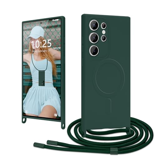 Ethanger Handykette für Samsung Galaxy S24 Ultra Hülle mit Band [Kompatibel mit Magsafe] Flüssig Silikon Necklace Handyhülle Magnetische Schutzhülle zum Umhängen Kordel für Samsung S24 Ultra Grün von Ethanger