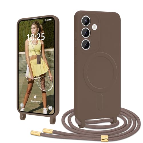 Ethanger Handykette für Samsung Galaxy S25 Hülle mit Band [Kompatibel mit Magsafe] Flüssig Silikon Necklace Handyhülle Magnetische Schutzhülle zum Umhängen Kordel für Samsung S25 Braun von Ethanger