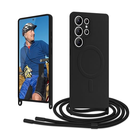 Ethanger Handykette für Samsung Galaxy S25 Ultra Hülle mit Band [Kompatibel mit Magsafe] Flüssig Silikon Necklace Handyhülle Magnetische Schutzhülle zum Umhängen Kordel für Samsung S25 Ultra Schwarz von Ethanger