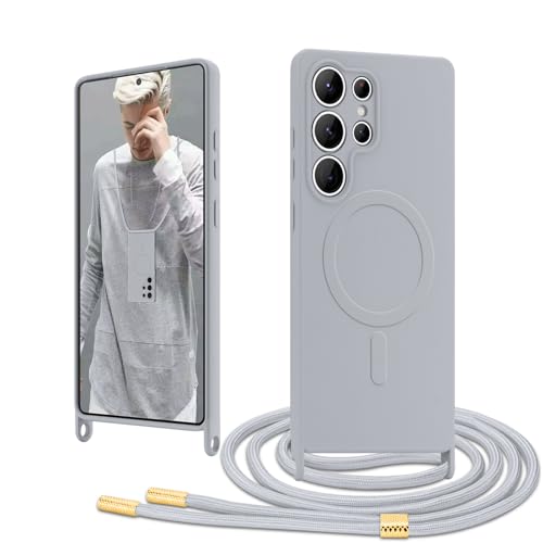 Ethanger Handykette für Samsung Galaxy S25 Ultra Hülle mit Band [Kompatibel mit Magsafe] Flüssig Silikon Necklace Handyhülle Magnetische Schutzhülle zum Umhängen Kordel für Samsung S25 Ultra Grau von Ethanger