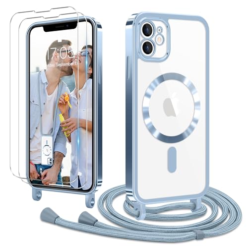 Ethanger Handykette für iPhone 11 Hülle mit Band + 2 Stück Glas Schutzfolie Transparent Silikon Handyhülle Magnetische Schutzhülle Case zum Kordel Abnehmbar für iPhone 11 Blau von Ethanger