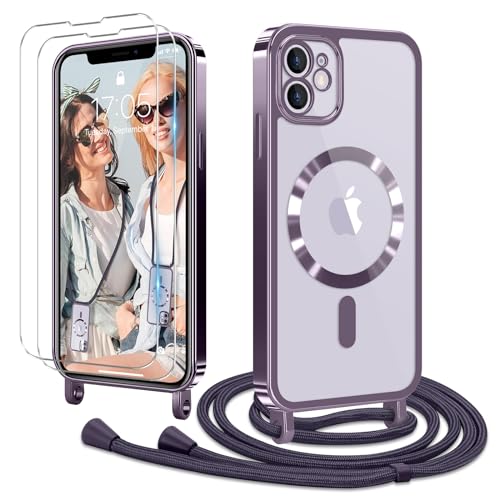 Ethanger Handykette für iPhone 11 Hülle mit Band + 2 Stück Glas Schutzfolie Transparent Silikon Handyhülle Magnetische Schutzhülle Case zum Kordel Abnehmbar für iPhone 11 Lila von Ethanger