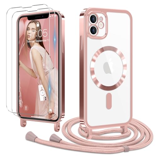 Ethanger Handykette für iPhone 11 Hülle mit Band + 2 Stück Glas Schutzfolie Transparent Silikon Handyhülle Magnetische Schutzhülle Case zum Kordel Abnehmbar für iPhone 11 Rosa von Ethanger