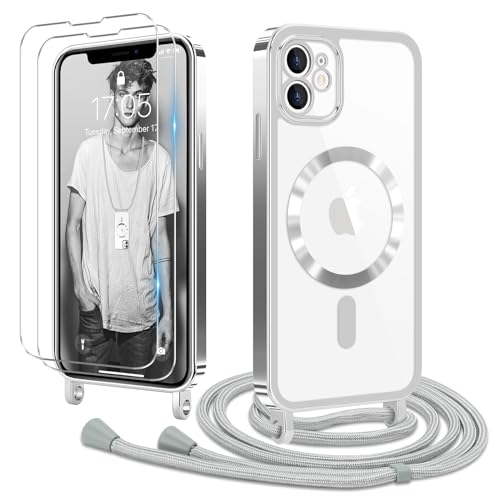 Ethanger Handykette für iPhone 11 Hülle mit Band + 2 Stück Panzerglas Schutzfolie Transparent Silikon Handyhülle Magnetische Schutzhülle Case zum Kordel Abnehmbar für iPhone 11 Silber von Ethanger