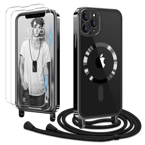 Ethanger Handykette für iPhone 11 Pro Hülle mit Band + 2 Stück Glas Schutzfolie Transparent Silikon Handyhülle Magnetische Schutzhülle Case zum Kordel Abnehmbar für iPhone 11 Pro Schwarz von Ethanger