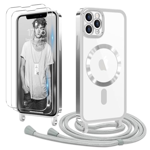 Ethanger Handykette für iPhone 11 Pro Hülle mit Band + 2 Stück Panzerglas Schutzfolie Transparent Silikon Handyhülle Magnetische Schutzhülle Case zum Kordel Abnehmbar für iPhone 11 Pro Silber von Ethanger