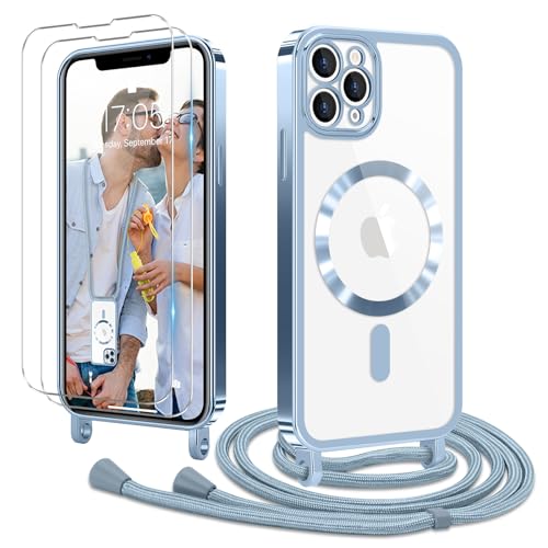 Ethanger Handykette für iPhone 11 Pro Max Hülle mit Band + 2 Stück Glas Schutzfolie Transparent Silikon Handyhülle Magnetische Schutzhülle Case zum Kordel Abnehmbar für iPhone 11 Pro Max Blau von Ethanger