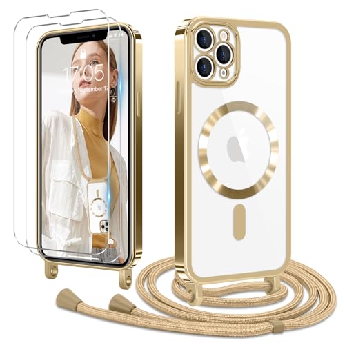 Ethanger Handykette für iPhone 11 Pro Max Hülle mit Band + 2 Stück Glas Schutzfolie Transparent Silikon Handyhülle Magnetische Schutzhülle Case zum Kordel Abnehmbar für iPhone 11 Pro Max Gold von Ethanger