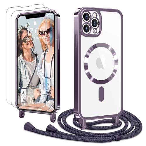 Ethanger Handykette für iPhone 11 Pro Max Hülle mit Band + 2 Stück Glas Schutzfolie Transparent Silikon Handyhülle Magnetische Schutzhülle Case zum Kordel Abnehmbar für iPhone 11 Pro Max Lila von Ethanger