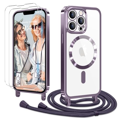 Ethanger Handykette für iPhone 12 Pro Max Hülle mit Band + 2 Stück Glas Schutzfolie Transparent Silikon Handyhülle Magnetische Schutzhülle Case zum Kordel Abnehmbar für iPhone 12 Pro Max Lila von Ethanger