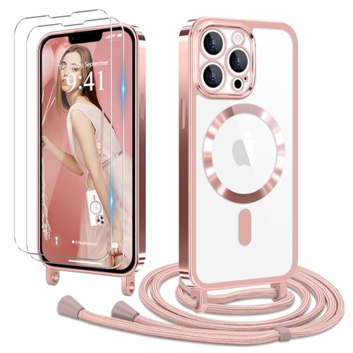 Ethanger Handykette für iPhone 12 Pro Max Hülle mit Band + 2 Stück Glas Schutzfolie Transparent Silikon Handyhülle Magnetische Schutzhülle Case zum Kordel Abnehmbar für iPhone 12 Pro Max Rosa von Ethanger