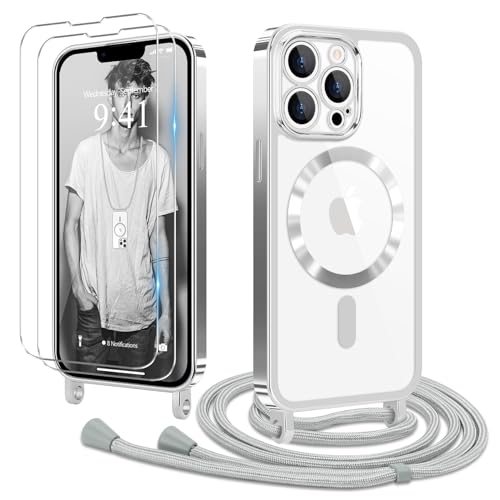 Ethanger Handykette für iPhone 12 Pro Max Hülle mit Band + 2 Stück Glas Schutzfolie Transparent Silikon Handyhülle Magnetische Schutzhülle Case zum Kordel Abnehmbar für iPhone 12 Pro Max Silber von Ethanger