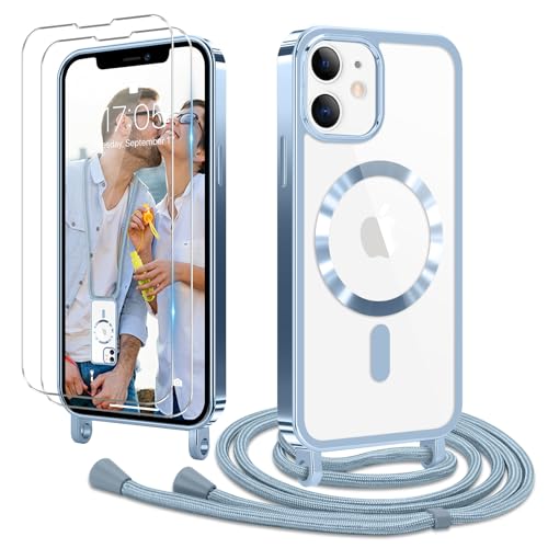 Ethanger Handykette für iPhone 12 iPhone 12 Pro Hülle mit Band + 2 Stück Glas Schutzfolie Transparent Silikon Handyhülle Magnetische Schutzhülle Case zum Umhängen für iPhone 12/12 Pro Blau von Ethanger