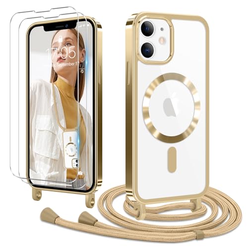 Ethanger Handykette für iPhone 12 iPhone 12 Pro Hülle mit Band + 2 Stück Glas Schutzfolie Transparent Silikon Handyhülle Magnetische Schutzhülle Case zum Umhängen für iPhone 12/12 Pro Gold von Ethanger