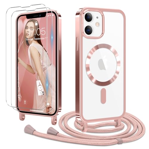 Ethanger Handykette für iPhone 12 iPhone 12 Pro Hülle mit Band + 2 Stück Glas Schutzfolie Transparent Silikon Handyhülle Magnetische Schutzhülle Case zum Umhängen für iPhone 12/12 Pro Rosa von Ethanger