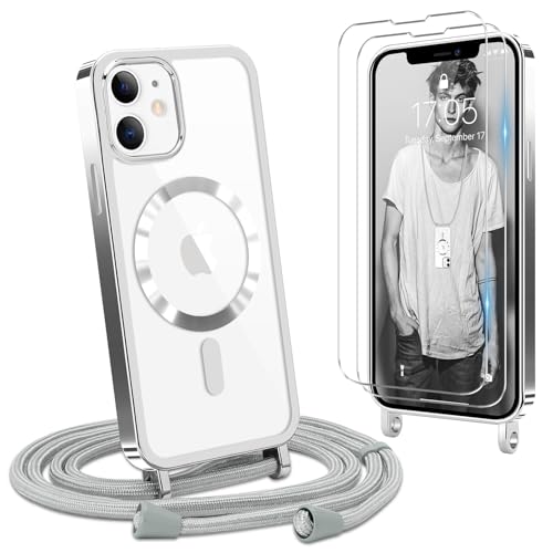 Ethanger Handykette für iPhone 12 iPhone 12 Pro Hülle mit Band + 2 Stück Glas Schutzfolie Transparent Silikon Handyhülle Magnetische Schutzhülle Case zum Umhängen für iPhone 12/12 Pro Silber von Ethanger