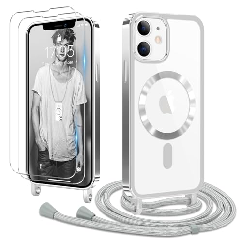 Ethanger Handykette für iPhone 12 iPhone 12 Pro Hülle mit Band + 2 Stück Glas Schutzfolie Transparent Silikon Handyhülle zum Umhängen Magnetische Schutzhülle Case für iPhone 12/12 Pro Silber von Ethanger