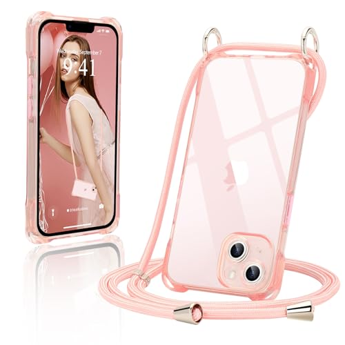 Ethanger Handykette für iPhone 13 Hülle mit Band Transparent Silikon Handyhülle zum Umhängen Kordel Abnehmbar Necklace Transparent Case Necklace Case Stoßfest Schutzhülle für iPhone 13 Rosa von Ethanger