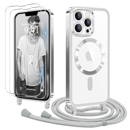 Ethanger Handykette für iPhone 13 Pro Hülle mit Band + 2 Stück Glas Schutzfolie Transparent Silikon Handyhülle Magnetische Schutzhülle für iPhone 13 Pro Silber von Ethanger