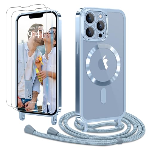 Ethanger Handykette für iPhone 13 Pro Max Hülle mit Band + 2 Stück Glas Schutzfolie Transparent Silikon Handyhülle zum Umhängen Magnetische Schutzhülle für iPhone 13 Pro Max Blau von Ethanger