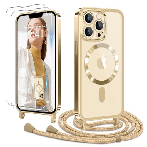 Ethanger Handykette für iPhone 13 Pro Max Hülle mit Band + 2 Stück Glas Schutzfolie Transparent Silikon Handyhülle Magnetische Schutzhülle für iPhone 13 Pro Max Gold von Ethanger