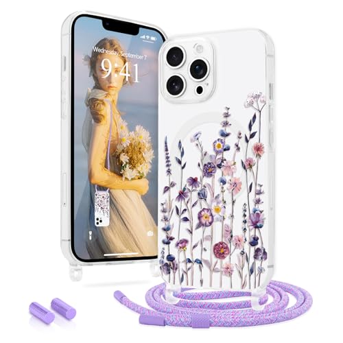 Ethanger Handykette für iPhone 13 Pro Max Hülle mit Band [Kompatibel mit MagSafe] Transparent Blumen Muster Magnetische Handyhülle Silikon Schutzhülle zum Umhängen Kordel für iPhone 13 Pro Max Lila von Ethanger