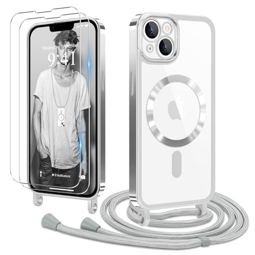 Ethanger Handykette für iPhone 13 iPhone 14 Hülle mit Band + 2 Stück Glas Schutzfolie Transparent Silikon Handyhülle Magnetische Schutzhülle für iPhone 13/14 Silber von Ethanger