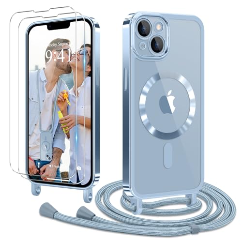 Ethanger Handykette für iPhone 13 iPhone 14 mit Band + 2 Stück Glas Schutzfolie Transparent Silikon Handyhülle Magnetische Schutzhülle zum Kordel für iPhone 13/14 Blau von Ethanger