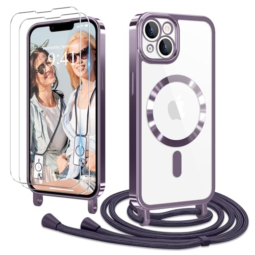 Ethanger Handykette für iPhone 13 iPhone 14 mit Band + 2 Stück Glas Schutzfolie Transparent Silikon Handyhülle Magnetische Schutzhülle zum Kordel für iPhone 13/14 Lila von Ethanger