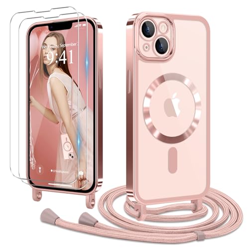 Ethanger Handykette für iPhone 13 iPhone 14 mit Band + 2 Stück Glas Schutzfolie Transparent Silikon Handyhülle Magnetische Schutzhülle zum Kordel für iPhone 13/14 Rosa von Ethanger